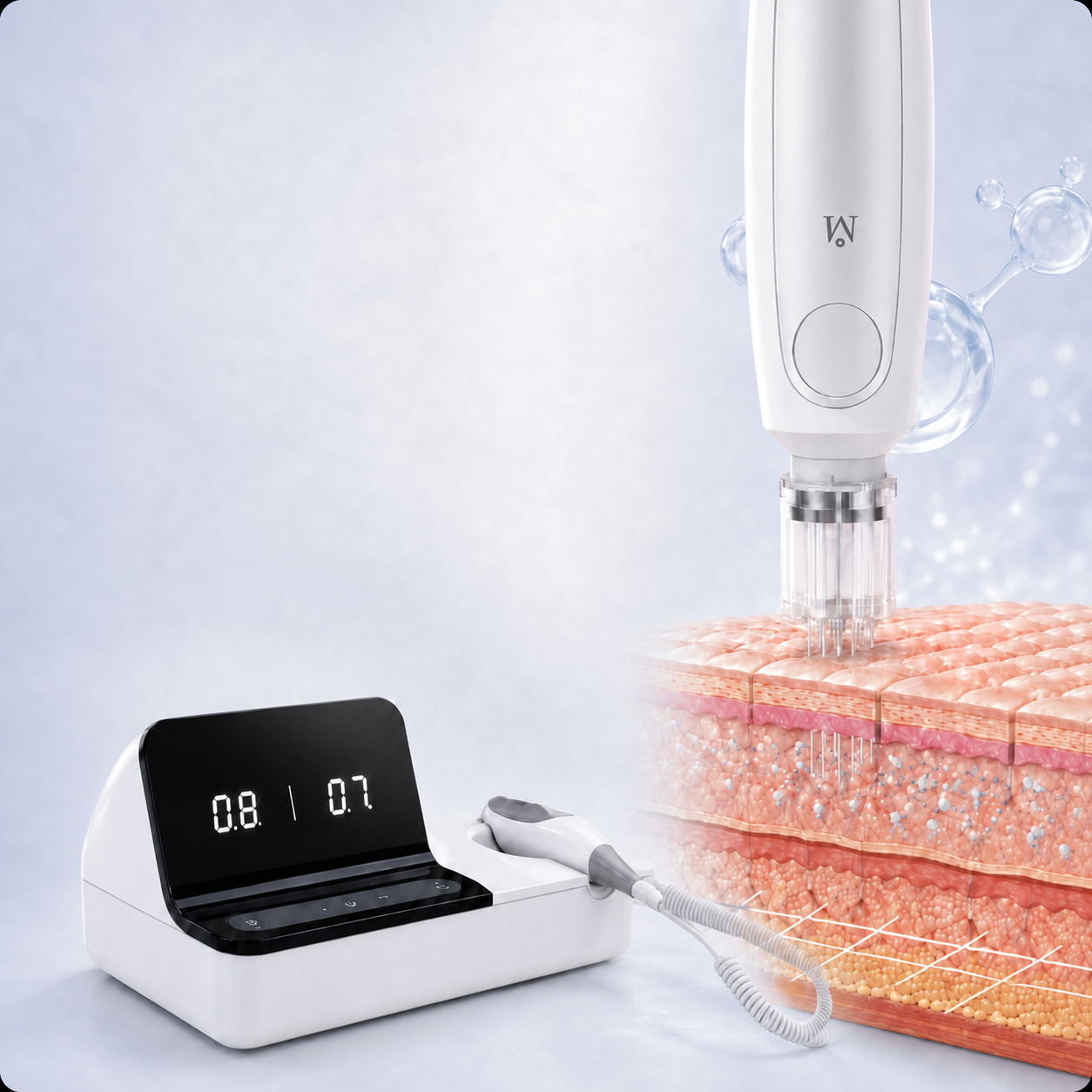 HydroLyDex device applying treatment across dermal and subcutaneous skin layers