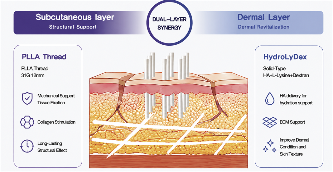 Dual-layer diagram showing PLLA thread structural support in the subcutaneous layer and HydroLyDex revitalization in the dermal layer