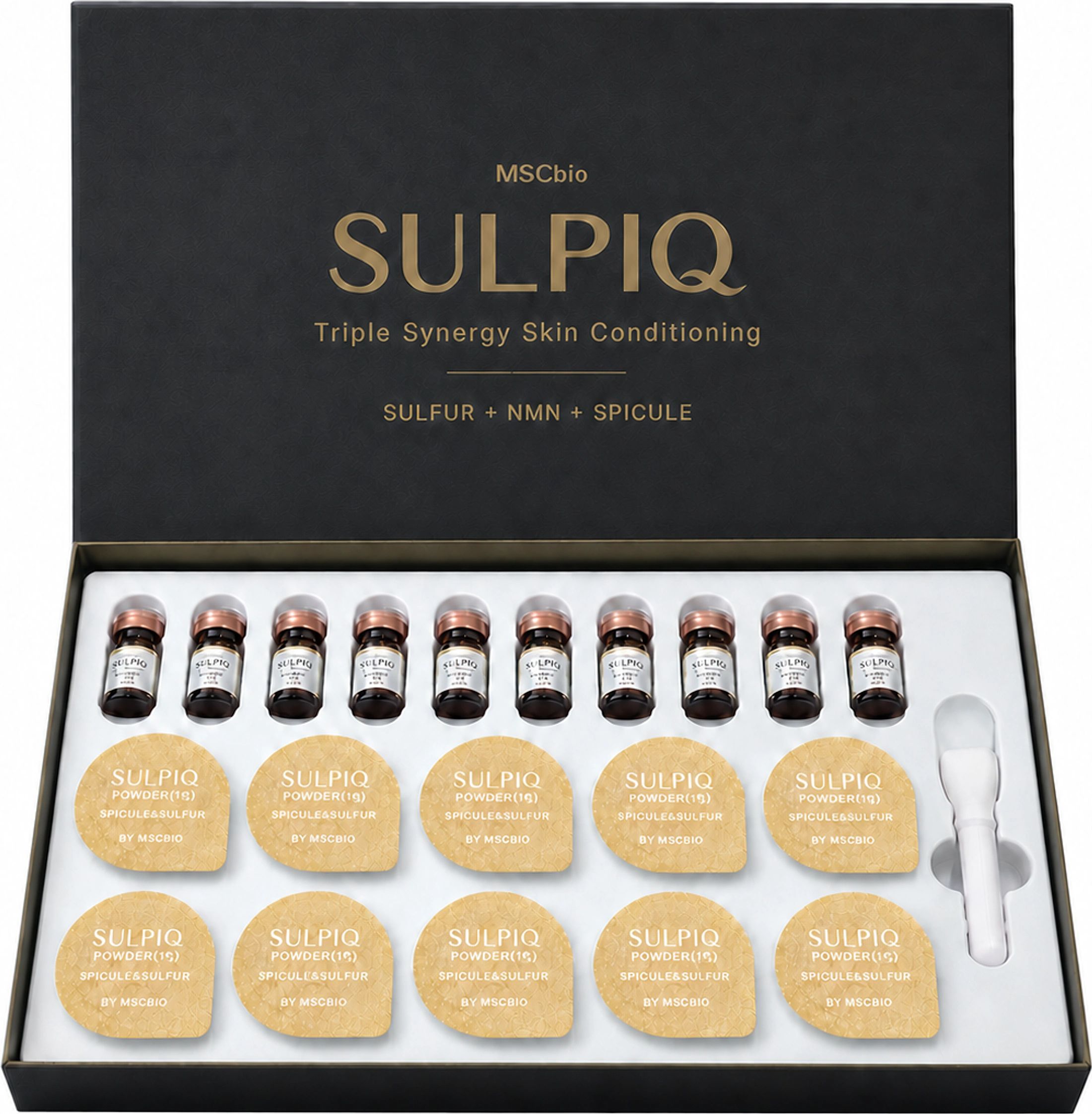 SULPIQ open presentation box with vials, powder packs, and applicator